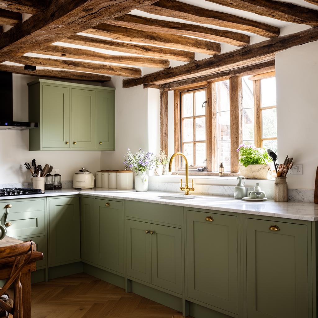Refitted kitchen with sage cabinetry